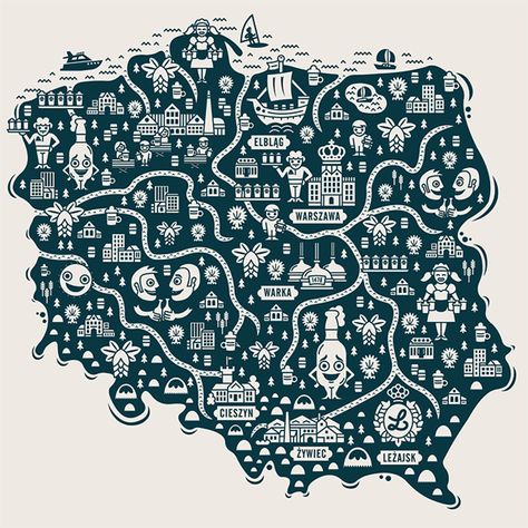 Collection of map illustrations by Jan Feliks Kallwejt, via Behance Rice Map, Pacific Map, Maps Illustration Design, Maps Illustration, Poland Map, History Infographic, Map Ideas, Illustrated Maps, Map Projects