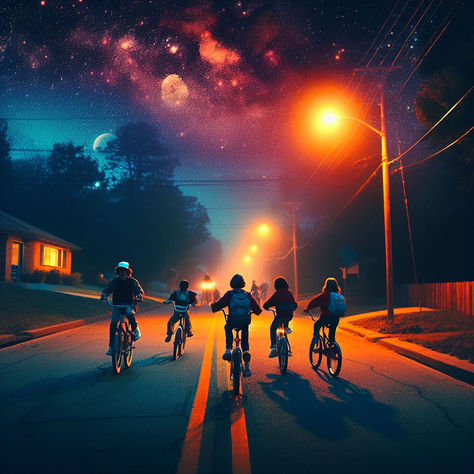 High quality illustration showcasing a group of kids on their bikes riding through a mysterious and nostalgic 80s suburban neighborhood. Inspired by Stranger Things. Printed on multiple products! Check them out following the link! Kids On Bikes Rpg, Stranger Things Bike, Suburban Neighborhood, Bike Illustration, Retro Bicycle, Kids Adventure, Bike Art, Group Of Friends, Anime Scenery Wallpaper