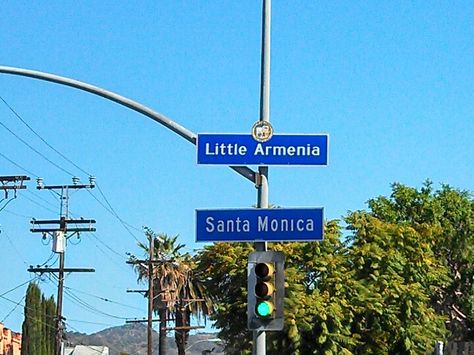 Official "Little Armenia" sign in the Little Armenia/Thai Town/Central American 'hood of East Hollywood. Actually, over a century ago when Hollywood was an independent city, this was the border with South Hollywood. Hollywood Tattoo, East Hollywood, Central American, Baklava, Armenia, Santa Monica, Highway Signs, The Good Place, Things To Do