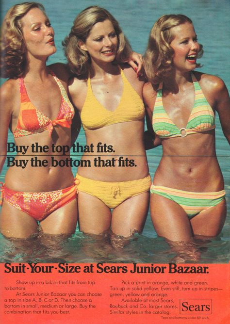 April 1975. ‘Show up in a bikini that fits from... - Just Seventeen Seventeen Magazine Fashion, Fashion Ads, 60s 70s Fashion, Steampunk Women, Vintage Swim, Seventeen Magazine, Vintage Swimwear, Vintage Swimsuits, Fashion Marketing