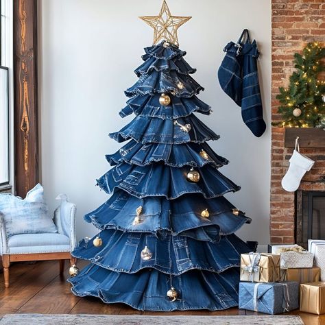 Denim blue ornaments made from upcycled materials create a unique holiday tree. DIY stars and stockings bring a rustic, sustainable touch to your Christmas decor. Jean Ornaments Recycled Denim, Denim Tree Skirt, Denim Christmas Stocking, Denim Tree, Denim Christmas Ornaments, Denim Christmas Tree, Denim Ornaments, Blue Christmas Trees, Diy Stars