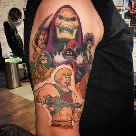 Epic He-man tattoo The Universe Tattoo, He Man Tattoo, Studio Images, Stitch Tattoo, Universe Tattoo, Dove Tattoo, Comic Tattoo, Tattoo Master, 3d Tattoos