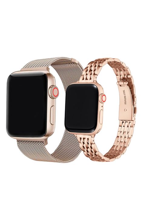 Refine your Apple Watch with this elegant band set that includes an adjustable mesh strap and rosy, timeless bracelet. Set of 2 assorted bands Apple Watch not included Compatible with all Apple Watch series Deployant clasp closure; self-adjustable band Stainless steel with goldtone plate Imported Apple Watch Bands Rose Gold Bracelets, Apple Watch And Bracelets, Apple Watch Bands Rose Gold, Timeless Bracelet, Apple Watch Bands Women, Apple Watch Fashion, Iphone Watch, Watch Fashion, Wedding 2024