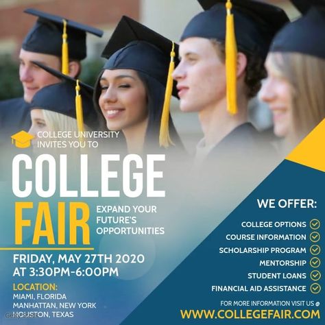 college fair event, college fair templates, educational template ads, school templates, learning events, graduation templates, college events. College Poster, College Ad, Instagram Post Design, Professional Poster, College Event, School Fair, Education Poster Design, Graduation Templates, Social Media Posting Schedule