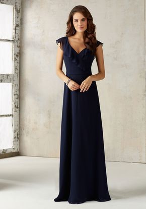 Morilee by Madeline Gardner Bridesmaids Style 21527 | Stunning Chiffon Bridesmaids Dress Features a Romantic Ruffled V Neckline and Open Keyhole Back. Zipper Back. Shown in Navy. Available in All Solid Chiffon Color Options. Mori Lee Bridesmaid Dresses, Bridesmaid Dresses 2017, Navy Bridesmaids, French Lilac, Robes Glamour, Bridesmaid Dress Ideas, Bridesmaid Gowns, Bridesmaid Ideas, Maggie Sottero