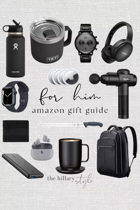 Amazon gift guide for him! Mugs. Hydro flask. Watch. Headphones. Massage gun. Air tag. Backpack. Knife. Portable battery. Apple Watch. Wallet. Amazon home. Amazon gifts. Holiday gift guide. For him. #founditonamazon Male Gift Ideas, Man Birthday Gift, Men Gift Ideas, Info Board, Gift Box For Men, Creative Gifts For Boyfriend, Bf Gifts, Gift Guide For Him