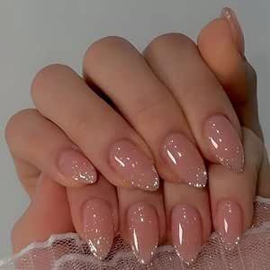 MERVF Almond Press on Nails Medium Fake Nails Press ons Glitter Sliver French Tip Glue on Nails with Sparkle Design Stiletto Acrylic Nails Glossy 24pcs False Nails