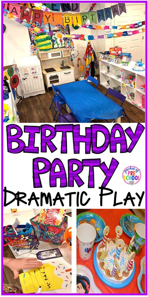 How to set up a Birthday Party dramatic play in a preschool & pre-k classroom. #dramaticplay #preschool #pre-k #birthdaytheme Board Preschool Ideas, Birthday Board Preschool, Birthday Party Dramatic Play, Party Dramatic Play, Preschool Classroom Setup, Dramatic Play Activities, Preschool Birthday, Pre K Classroom, Dramatic Play Themes