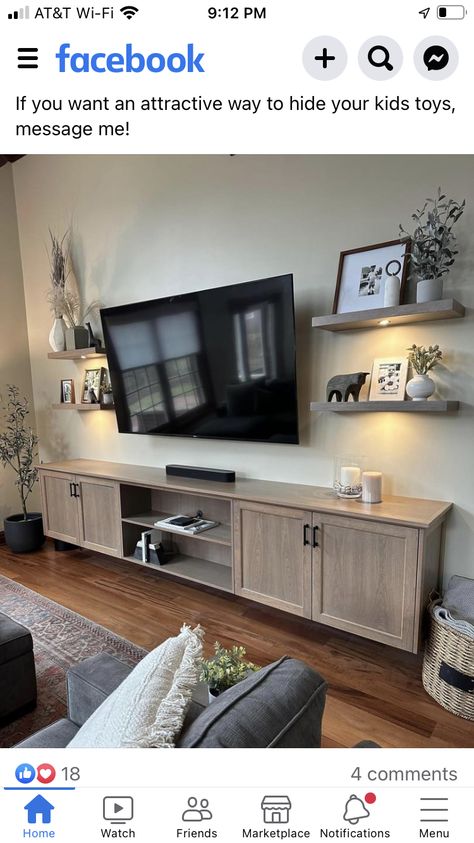 Giant Tv Wall, Tv On Big Wall Ideas, Tv Walk In Living Room, Large Living Room Tv Wall Ideas, Tv Room Design Cozy, 75 Inch Tv On Wall Ideas, Large Tv Wall Ideas Living Room, Hannah House, Family Room Storage