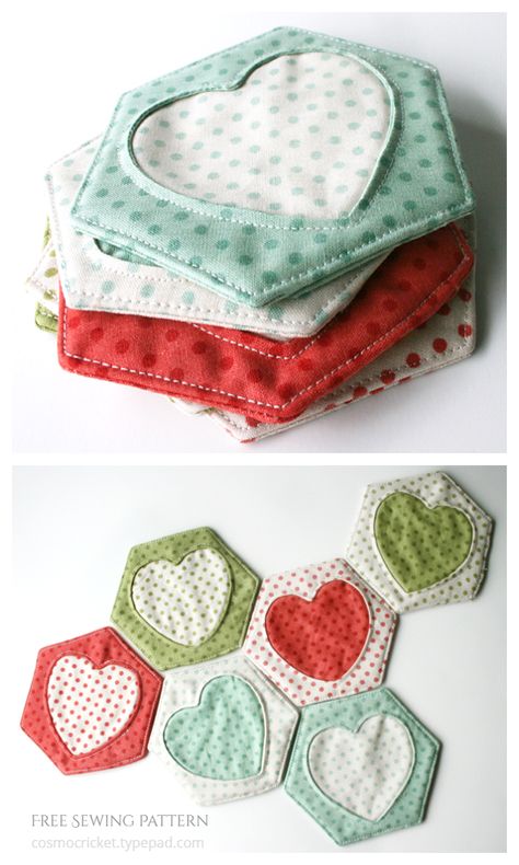 DIY Fabric Heart Coaster Free Sewing Patterns | Fabric Art DIY Valentines Coasters, Heart Coaster, Hexagon Coaster, Mug Rug Patterns, Applique Tutorial, Ornaments Homemade, Fabric Sewing Patterns, Hexagon Coasters, Patterns Fabric