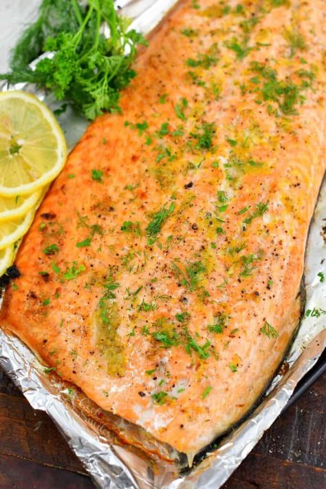 closeup of baked salmon topped with herbs and lemon Baked Whole Salmon, Whole Baked Salmon, Whole Recipes, Baked Salmon Filets, Cooking Salmon Fillet, Baked Bbq Ribs, Will Cook For Smiles, Salmon Recipes Baked Healthy, Bbq Salmon