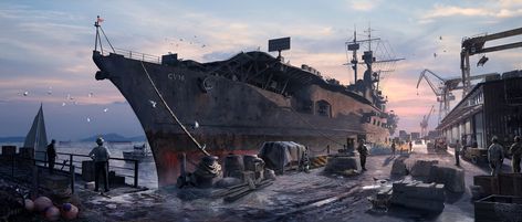 Aircraft Carrier Loading Dock by Ryan VinsonMilitary loading dock of crates and goods Docks Concept Art, Dock Concept Art, Dock Art, Environment References, Environment Photography, Props Design, Film Shot, Fishing Dock, Loading Dock