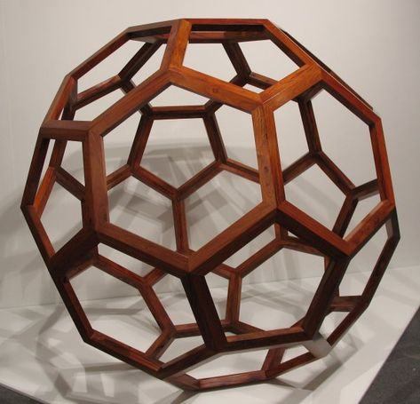 Wooden truncated icosahedron Solid Geometry, Wood Light Fixture, Soccer Art, Pentagon Shape, Platonic Solid, Wine Painting, Geometric Sculpture, Geometric Design Art, Geodesic Dome