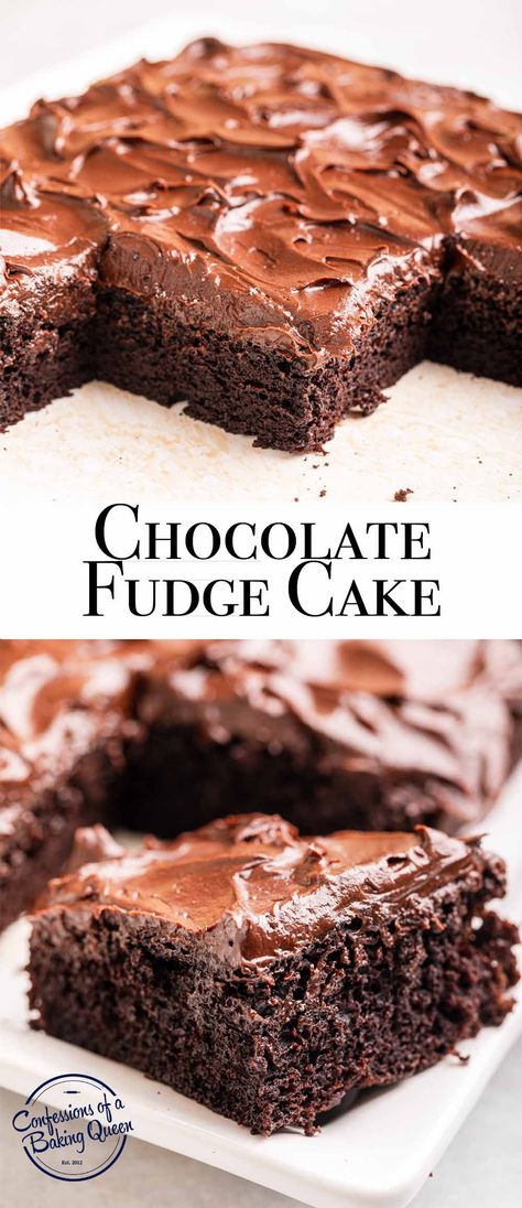 This indulgent cake combines chocolate and vanilla flavors in an incredibly moist, easy-to-make chocolate fudge cake recipe that tastes like it’s from a bakery! Best Chocolate Fudge Cake Recipe, Fudge Chocolate Cake, Fattening Foods, Chocolate Fudge Cake Recipe, Chocolate Snack Cake, Chocolate Goodies, Chocolate Buttercream Recipe, Fudge Cake Recipe, Choc Cake