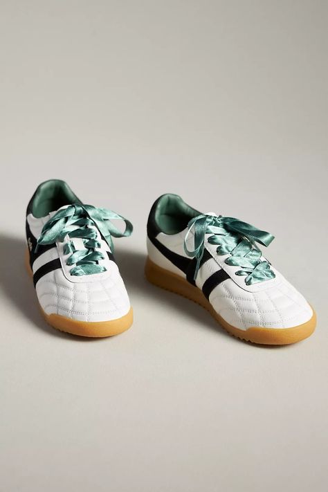 Gola x Anthropologie Stadium Sneakers | Anthropologie Madison + Core + Aesthetic, August Fashion, Ribbon Shoelaces, Tiny Shorts, Anthropologie Uk, Suede Trainers, Sophomore Year, Heritage Fashion, Sneakers Outfit