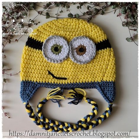 damn it Janet, let's crochet!: Minion Earflap Beanie Minion Hats Crochet Free Pattern, Crochet Snoopy Hat Free Pattern, Free Crochet Minion Hat, Monster Hat Crochet Pattern Free, Minion Hat Crochet Pattern Free, Crochet Minion Hat Pattern Free, Crochet Minion Hat, Crochet Minion Hats, Minion Beanie