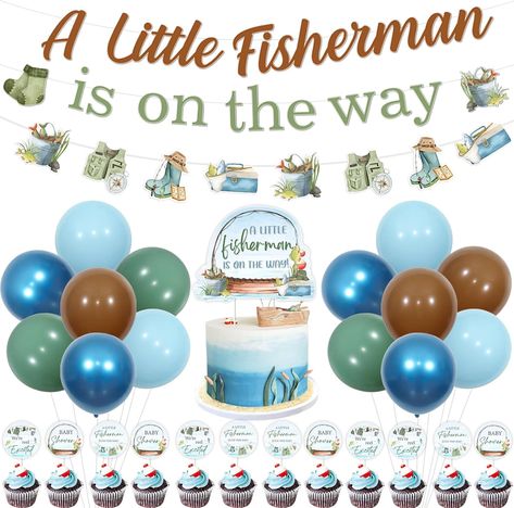 Fishing Baby Shower Decorations for Boy, Gone Fishing Baby Shower Decorations, A Little Fisherman Is on the Way Banner Cake Cupcake Toppers Blue Green Brown Balloons for Fish Baby Shower #ad #alittlefishermanisontheway #fishermanbabyshower #fishingbabyshower #Babyshowerideas #Babyshowersupplies #babyshowerthemes #boybabyshower #Boybabyshowerideas #boybabyshowerthemes Gone Fishing Baby Shower, Fishing Diaper Cake, Fishing Baby Shower, Brown Balloons, Fishing Baby Shower Theme, Excited Baby, Baby Shower Fishing, Fishing Baby, Twin Shower