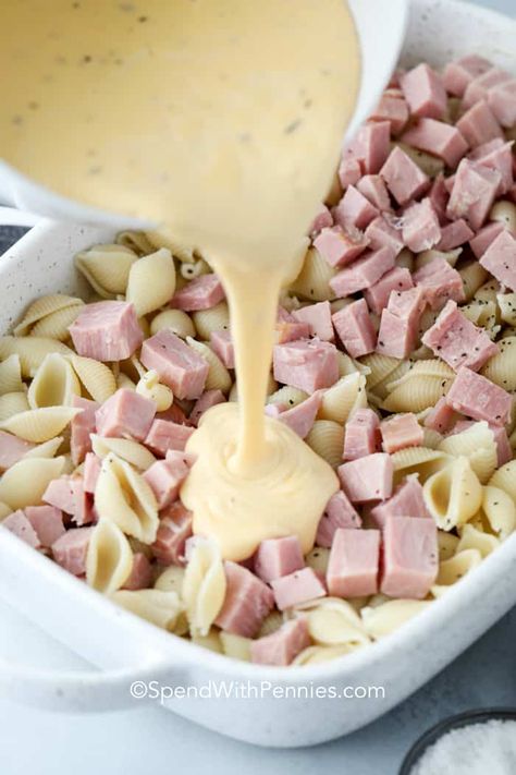 This ham casserole is made with pasta, 3 types of cheese, and a crunchy bread crumb topping! It's a great dish when looking for a way to stretch your leftover ham to feed a crowd. #spendwithpennies #hamcasserole #maindish #pasta #kidfriendly #budgetfriendly #leftoverham Ham Noodle Casserole, Tasty Casseroles, Cheesy Dishes, Leftover Ham Casserole, Cheesy Ham Casserole, Recipes Supper, Casserole Pasta, Ham And Cheese Casserole, Ham And Noodle Casserole