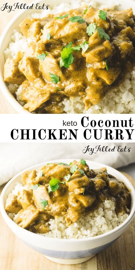 Coconut Chicken Curry - Low Carb, Keto, Gluten-Free, Grain-Free, THM S - Curry powder simmers with fresh ginger and garlic for an easy, one-skillet chicken dinner that’s bursting with flavor!  This healthy coconut chicken curry is naturally low-carb and gluten-free, but tastes like true comfort food! #lowcarb #keto #glutenfree #grainfree #thm #trimhealthymama Healthy Coconut Chicken, Keto Coconut Chicken, Keto Curry, Coconut Chicken Curry, Joy Filled Eats, Coconut Chicken, Coconut Curry Chicken, Keto Diet Food List, Keto Recipes Dinner