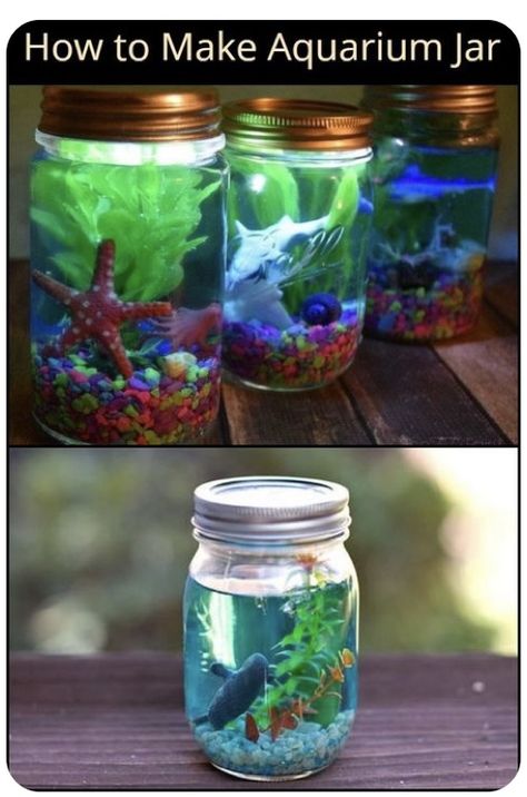 Fake Fish Aquarium, Fake Fish Tank Diy, Aquarium In A Jar, Fish Tank In Classroom, Fake Aquarium Diy, Aquarium Party Ideas, Aquarium Jar, Jar Fish Tank, Aquarium Birthday Party