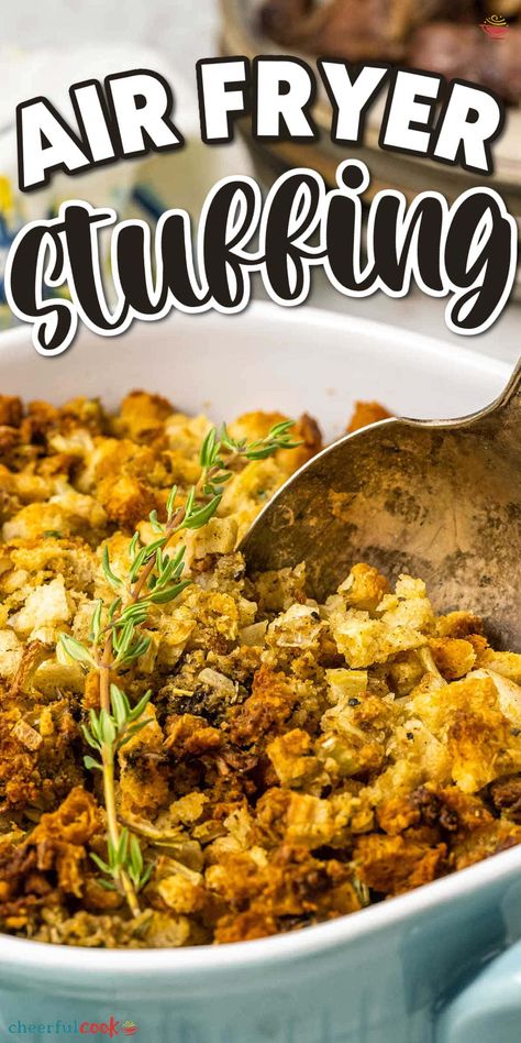 Discover how to make the best Air Fryer Stuffing. This recipe is simple, quick, and full of flavor, perfect for when the oven is full, and you can use the air fryer instead Ideal for holidays or any busy day. #CheerfulCook #SideDish #Stuffing #AirFryerSideDish #Thanksgiving #AirFryerStuffing #EasyRecipes ♡ cheerfulcook.com Air Fryer Stuffing, Vegetarian Stuffing Recipe, Leftover Stuffing Recipes, Vegetarian Stuffing, Stew Dinner, Roasted Carrots And Parsnips, Pork Casserole, Thanksgiving Stuffing Recipes, Bread Dressing