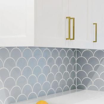 White Kitchen with Blue Fish Scale Backsplash Tiles Fish Scale Tile Backsplash, Kitchen Wall Tiles Backsplash, Scale Tile, White Upper Cabinets, Ogee Drop, Fish Scale Tile, Kitchen Redesign, Fireclay Tile, Timeless Kitchen