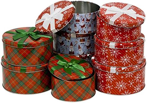 Christmas Cookie Tins Nesting Boxes, candy, party favor or other gifts, round nested, strong metal lid with attached Ribbon, 3 sets of Large Medium & Small, 9 tins included (Santa & More) Christmas Cookie Tins, Christmas Cookie Boxes, Christmas Cookies Gift, Butter Pecan Cookies, Dish Storage, Pecan Cookies, Cookie Tins, Cookie Tray, Butter Pecan