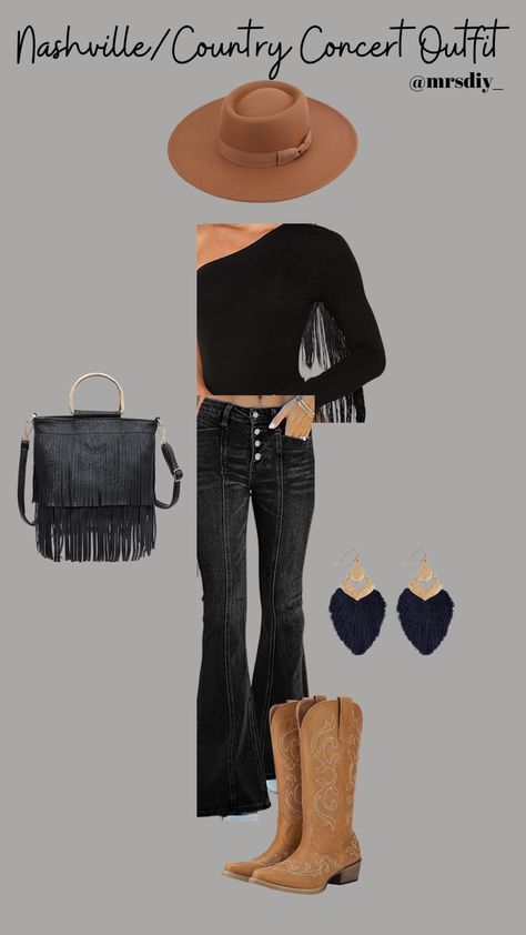 Outfits With Fringe Boots, Black Fringe Top Outfit, Fringe Top Outfit Western, Nashville Concert Outfit, Fringe Top Outfit, Verdusa Women, Fringe Hem Jeans, Black Fringe Top, Lainey Wilson