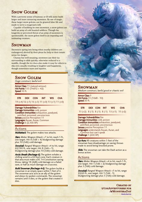 Snowmen and Snow Golems - Google Drive Dnd Snow Monsters, Winter Monster, Christmas Dnd, Snow Golem, Dnd Christmas, 5e Monsters, Ice Monster, Dnd Monster, Dungeons And Dragons Races