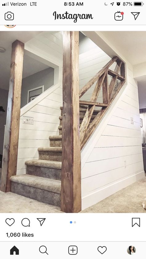 Basement Stairs With Support Post, Adding A Staircase To A House, Opening Staircase Wall, Basement Staircase Makeover, Opening Up Staircase Wall, Basement Staircase Ideas, Farmhouse Basement, Basement Staircase, Diy Staircase