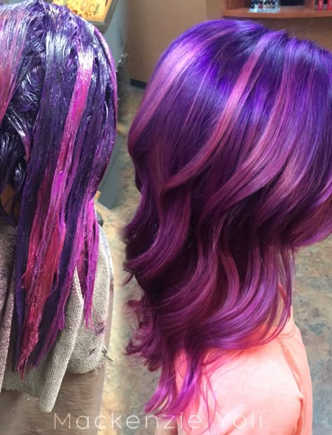 Purple And Pink Hair Highlights, Purple With Pink Highlights, Purple Multicolor Hair, Purple Hair With Pink Highlights, Twilight Sparkle Hair, Purple And Blonde Hair, Purple And Pink Hair, Pink Hair Streaks, Pink Hair Highlights