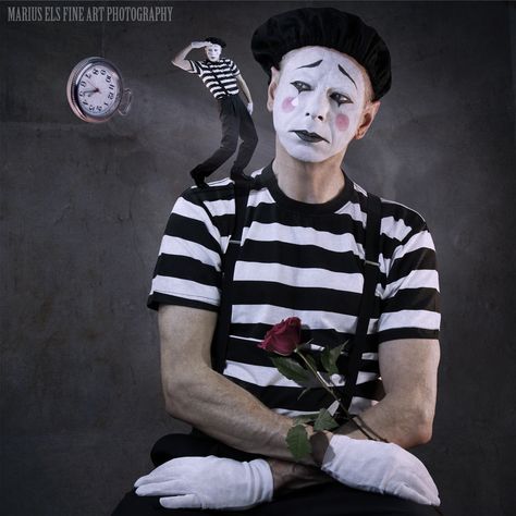 The Science of Time Travel - Do you catch time or do you sit and watch time fly past?  This is my last image in the tribute to mime artist Marcel Marceau, someone that was a hero in the war and travelled the world entertaining.  He seemed to have held time in his hand and made every second count.  Through his mime he faces time with all its glory and sadness. Marcel Marceau could also make time stand still with his compelling performances.  Marcel Marceau, March 22, 1923 -  September 22, 2007 Mime Costume, Marcel Marceau, Mime Artist, Mime Makeup, Mask Ideas, Time Stood Still, Male Makeup, Halloween Photoshoot, Halloween Inspo