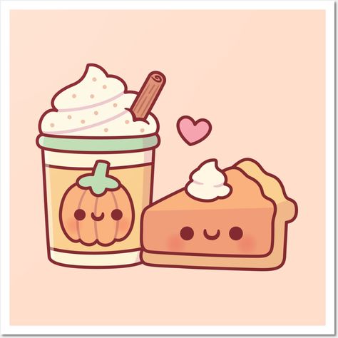 A cute doodle of a pumpkin spice latte a cinnamon stick in the whipped cream and a slice of pumpkin pie with dollop of whipped cream. Kawaii design for the autumn fall season! -- Choose from our vast selection of art prints and posters to match with your desired size to make the perfect print or poster. Pick your favorite: Movies, TV Shows, Art, and so much more! Available in mini, small, medium, large, and extra-large depending on the design. For men, women, and children. Perfect for decoration Fall Coffee Drawing, Cute Autumn Doodles, Cute Food Animals Drawings, Cute Thanksgiving Drawings Easy, Cute Autumn Drawings, Kawaii Food Animals, Pumpkin Pie Drawing, Pie Doodle, Thanksgiving Kawaii