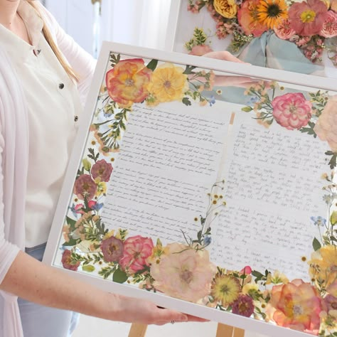 Wedding Vow Preservation, Wedding Vows Preserved, Pressed Flowers With Vows, Pressed Wedding Bouquet With Vows, White Pressed Flowers, Framed Vows, Family Photos Wall Decor, Pressed Flowers Diy, Her Vows