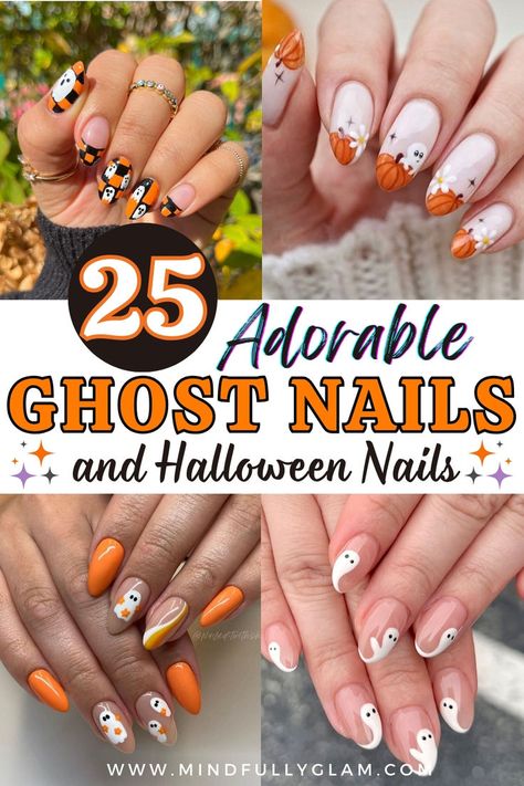 ghost nails Nail Ideas Ghost, Ghost Nails Halloween, Cute Ghost Nails, Nail Designs For Halloween, Ghost Nail Art, October Nails Fall, Short Halloween Nails, Pumpkin Nail Designs, Ghost Nail