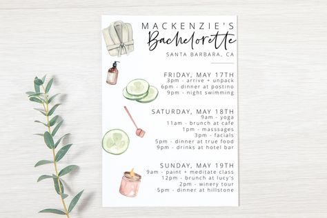 Spa Bachelorette Party, Bachelorette Schedule, Bachelorette Spa, Spa Bachelorette, Bachelorette Party Itinerary, Spa Weekend, Bachelorette Itinerary, Night Swimming, Downloadable Templates