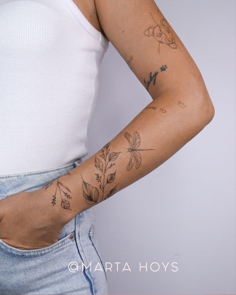 Fine Line Tattoo Arm Sleeve, Fine Line Arm Tattoo Sleeve, Fine Line Flower Tattoo Sleeve, Flowers Fine Line Tattoo, Fine Line Tattoo Flowers, Line Tattoo Arm, Dragon Fly Tattoo, Fly Tattoo, Flowers Tattoos