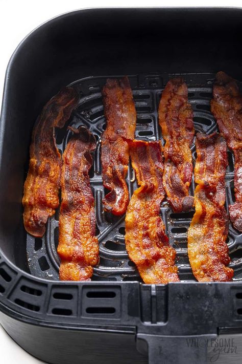 Air Fryer Bacon (Crispy, Easy, Fast!) - Wholesome Yum Air Fryer Bacon Crispy, Bacon In Air Fryer, Bacon In The Air Fryer, Ninja Grill, No Added Sugar Recipes, Air Fryer Bacon, Bacon Dishes, Ninja Foodi Grill, Boiled Chicken Breast