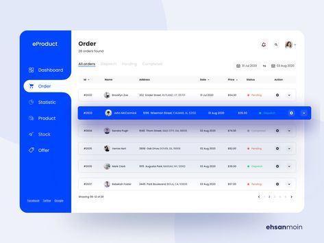 eProduct Admin Dashboard Design ( Order page ) by 𝐄𝐡𝐬𝐚𝐧 𝐌𝐨𝐢𝐧 Dashboard Web Design, Dashboard Design Inspiration, List Ui Design, Dashboard Design Template, Dashboard Ui Design, Admin Ui, Desain Ux, Cms Design, Software Ui Design