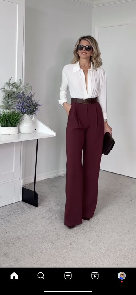 Pants With Flats Outfit, Burgundy Clothes Aesthetic, Burgundy Autumn Outfit, Burgundy Pants Outfit Winter, Work Causal Outfits, Red Business Outfit, Burgundy Pants Outfit Work, Burgandy Pants Outfits, Wine Colored Pants Outfit