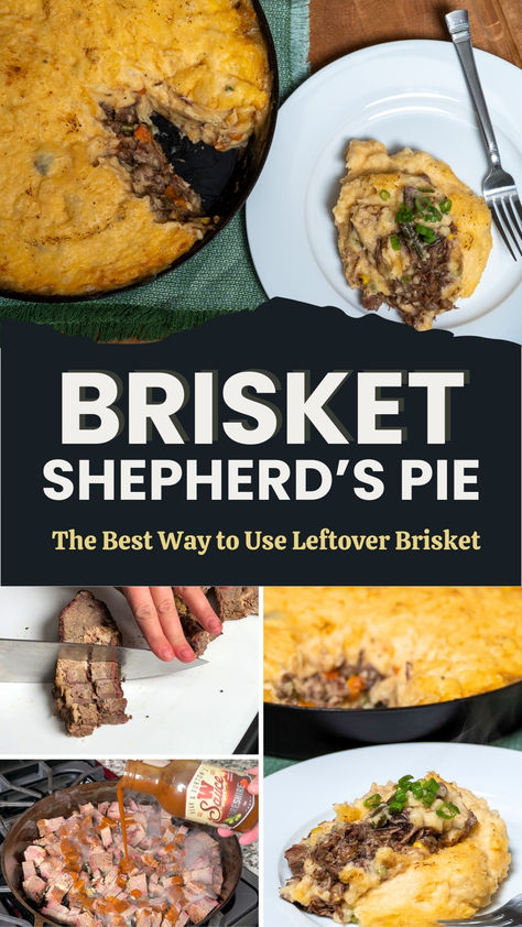 This Shepherd’s Pie is the Best Way to Use Leftover Brisket! This recipe doesn’t take long to whip up (assuming you’ve already smoked the brisket). It’s packed with beefy flavor, and the cheddar mashed potatoes take it to the next level! Brisket Shepards Pie, Leftover Brisket Recipes Keto, Smoked Brisket Leftovers Recipe, Leftover Beef Brisket Recipes Ideas, Brisket Shepherds Pie Recipe, What To Make With Leftover Brisket, Recipes With Brisket Leftovers, Leftover Smoked Brisket Recipes, Brisket Leftover Recipes