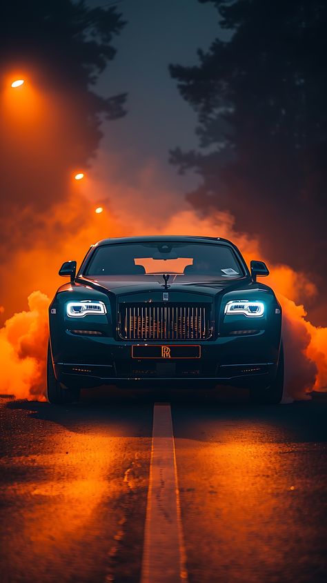 A luxurious black Rolls Royce against a dark backdrop, with orange smoke billowing and white headlights casting shadows on the highway road. Black Rolls Royce, Garage Mural, Rolls Royce Wallpaper, Rolls Royce Black, Casting Shadows, Luxury Cars Rolls Royce, Dream Cars Mercedes, Amoled Wallpapers, Car Backgrounds