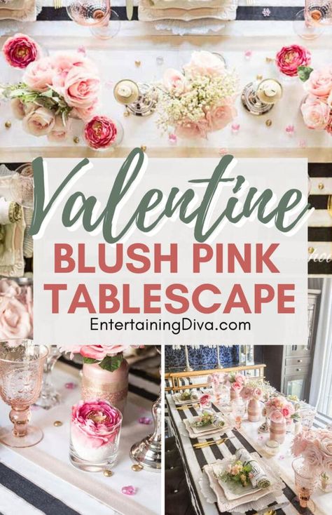 Hosting a Valentine’s Day dinner? Create a luxury blush tablescape that will make your guests swoon! The ultimate list with some of the most gorgeous blush pink tablescape ideas for the Valentine’s Day dinner! Black Tablescape, Pink Table Settings, Diy Floral Centerpieces, Pink Tablescape, Valentine Tablescape, Romantic Table Setting, Pink Centerpieces, Spring Table Settings, Beautiful Dinner