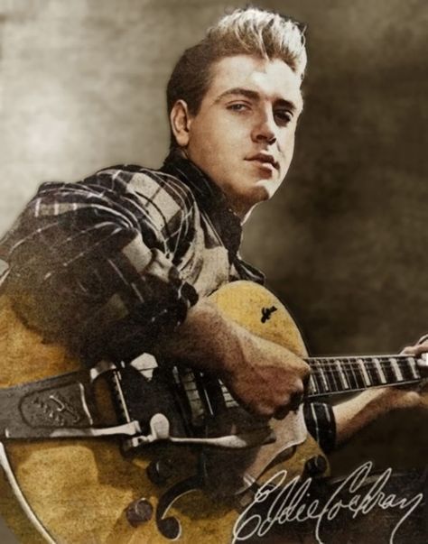 Great characteristic Eddie Cochran photo with autograph. Enhanced and colorised Eddie Cochran, Jaw Bone, Jon Snow, Rock N Roll, Autograph, Rock And Roll, Poster Art, Historical Figures, Actors