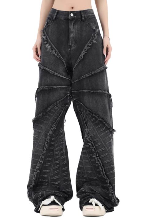 Spider Web Seams Wide Leg Opiumcore Jeans Unisex Altcore Street Style For Men, Raw Edge Jeans, Distressed Wide Leg Jeans, Stacked Jeans, Dark Aesthetics, 2000s Clothes, Style For Men, Streetwear Clothes, Jeans Diy