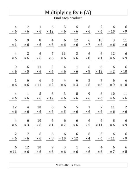 The Multiplying 1 to 12 by 6 (A) math worksheet from the Multiplication Worksheet page at Math-Drills.com. Multiplication Drills, Free Printable Multiplication Worksheets, Free Multiplication Worksheets, Multiplication And Division Worksheets, Printable Multiplication Worksheets, Multiplication Facts Worksheets, Math Multiplication Worksheets, Multiplication Worksheet, Math Fact Worksheets