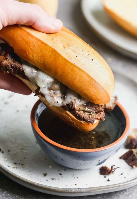 French Dip sandwiches made with tender (slow cooked) roast beef topped with melted provolone cheese on a toasted hoagie and served with au jus sauce. Slow Cooked Roast Beef, French Dip Recipes, Au Jus Recipe, Classic French Onion Soup, French Dip Sandwiches, Beef Dip, Dip Sandwiches, Tastes Better From Scratch, Slow Cooker Lasagna