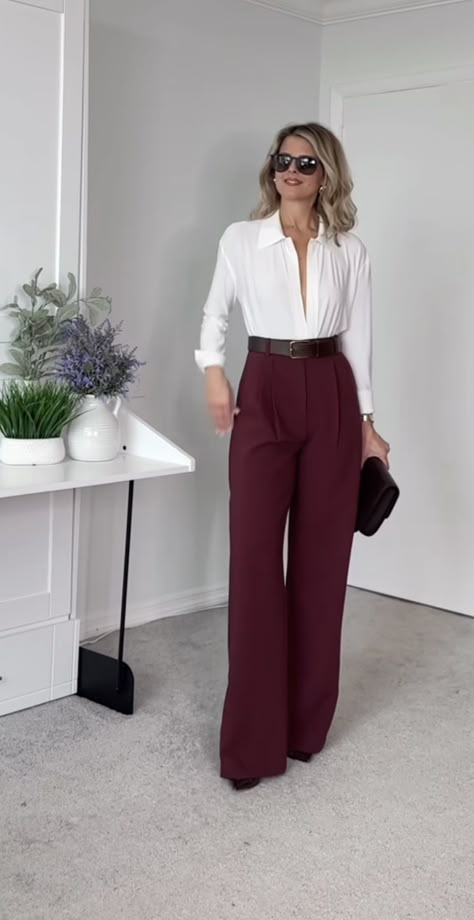 Plum Dress Pants Outfit, Burgundy Wide Leg Trousers Outfit, Pants With Flats Outfit, Plum Outfit Ideas Color Combos, Burgundy Clothes Aesthetic, Burgundy Autumn Outfit, Burgundy Outfit Ideas Color Combos, Burgundy Pants Outfit Winter, Maroon Pants Outfit Work