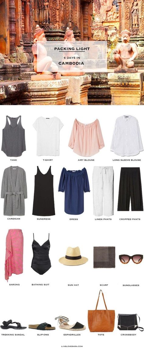 What to pack for Cambodia Packing Light List #travellight #packinglight #travel #travetips #capsule #capsulewardrobe #livelovesara Cambodia Trip Outfit, Cambodia Travel Outfit, Cambodia Outfit Ideas, Cambodia Outfit, Thailand Outfits, Thailand Packing, Travel Cambodia, Summer Packing Lists, Thailand Outfit