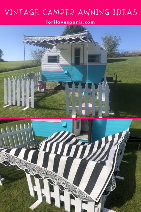 Diy Camper Awning Ideas, Camper Awning Ideas, Vintage Camper Awning, Caravan Outside, Camper Playhouse, Renovation Camper, Pod Camper, Vintage Camper Renovation, Vintage Camper Art